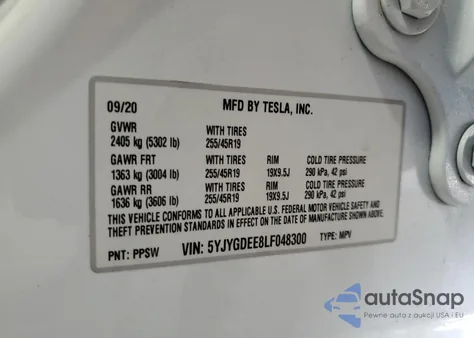 2020 Tesla Model Y z USA, uszkodzony, nr VIN 5YJYGDEE8LF048300